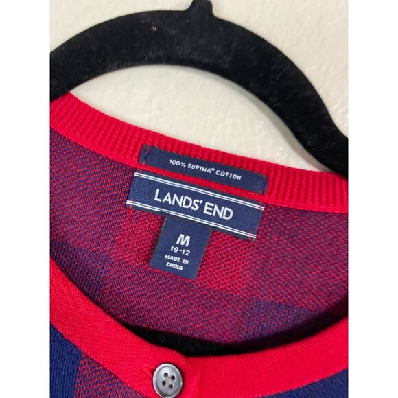 Lands End Supima Cotton Red Blue Buffalo Plaid Button Cardigan Sweater Medium - Picture 3 of 14